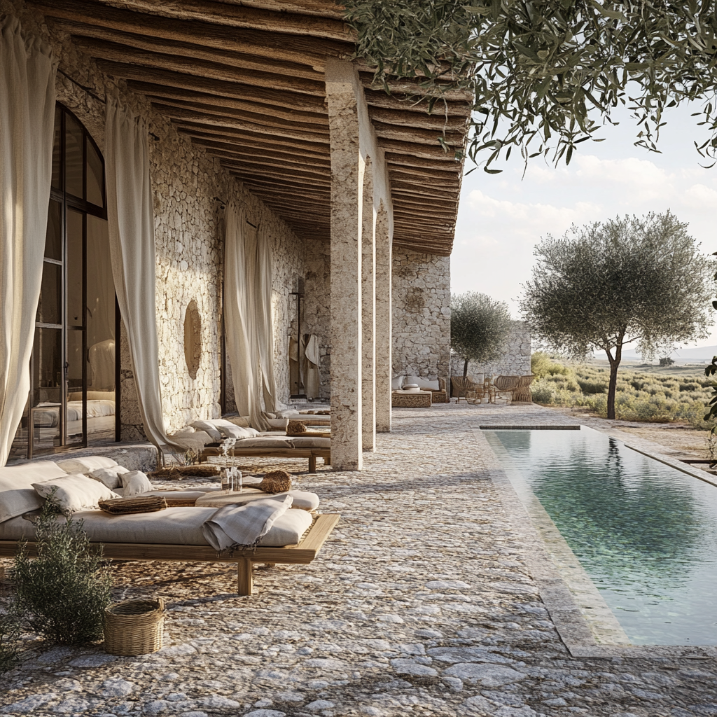 Large patio in Sicily with swimming pool and olive trees.