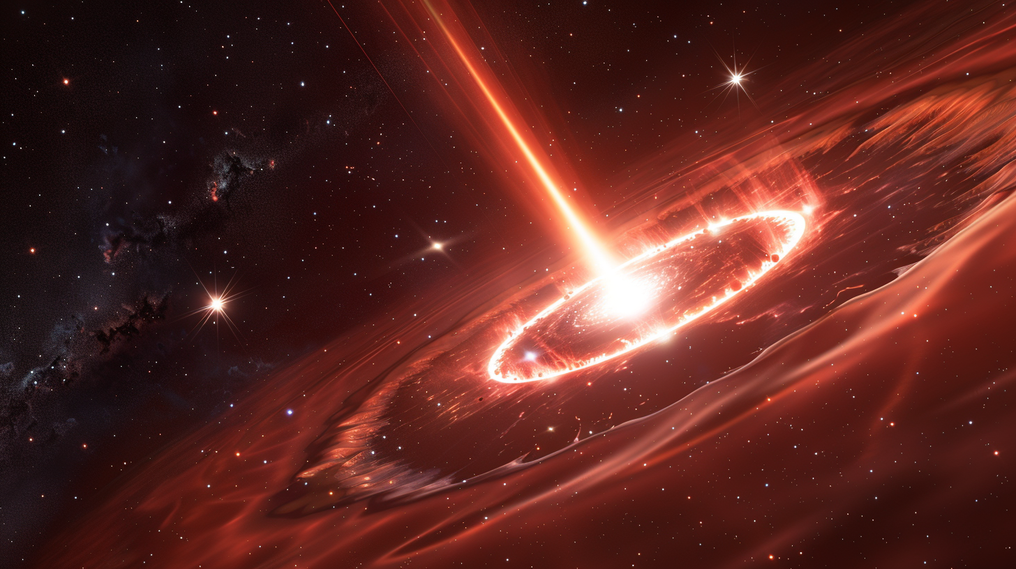 Large red star transfers matter to white dwarf. Bright accretion disk forms, shoots intense light beams.