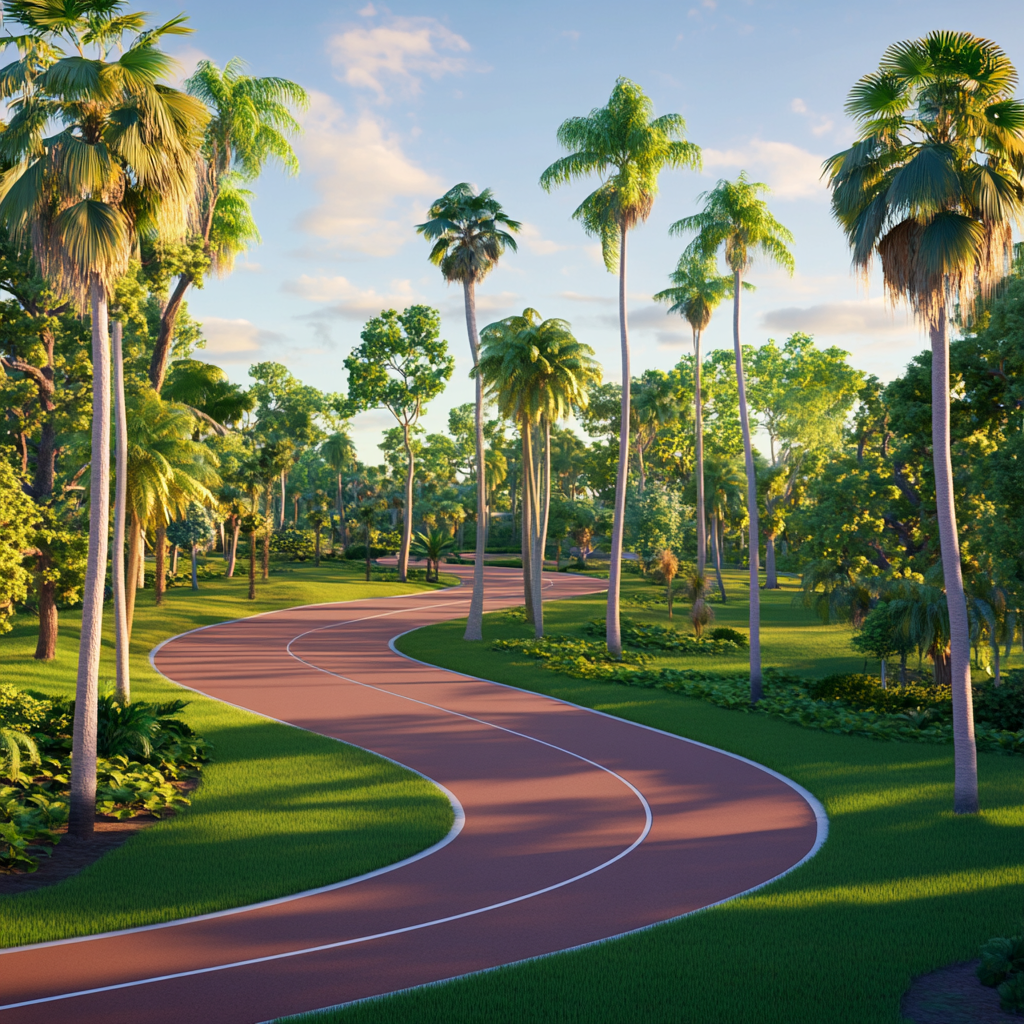 Large round track with green grass, palm and oak trees, styled like Fortnite.