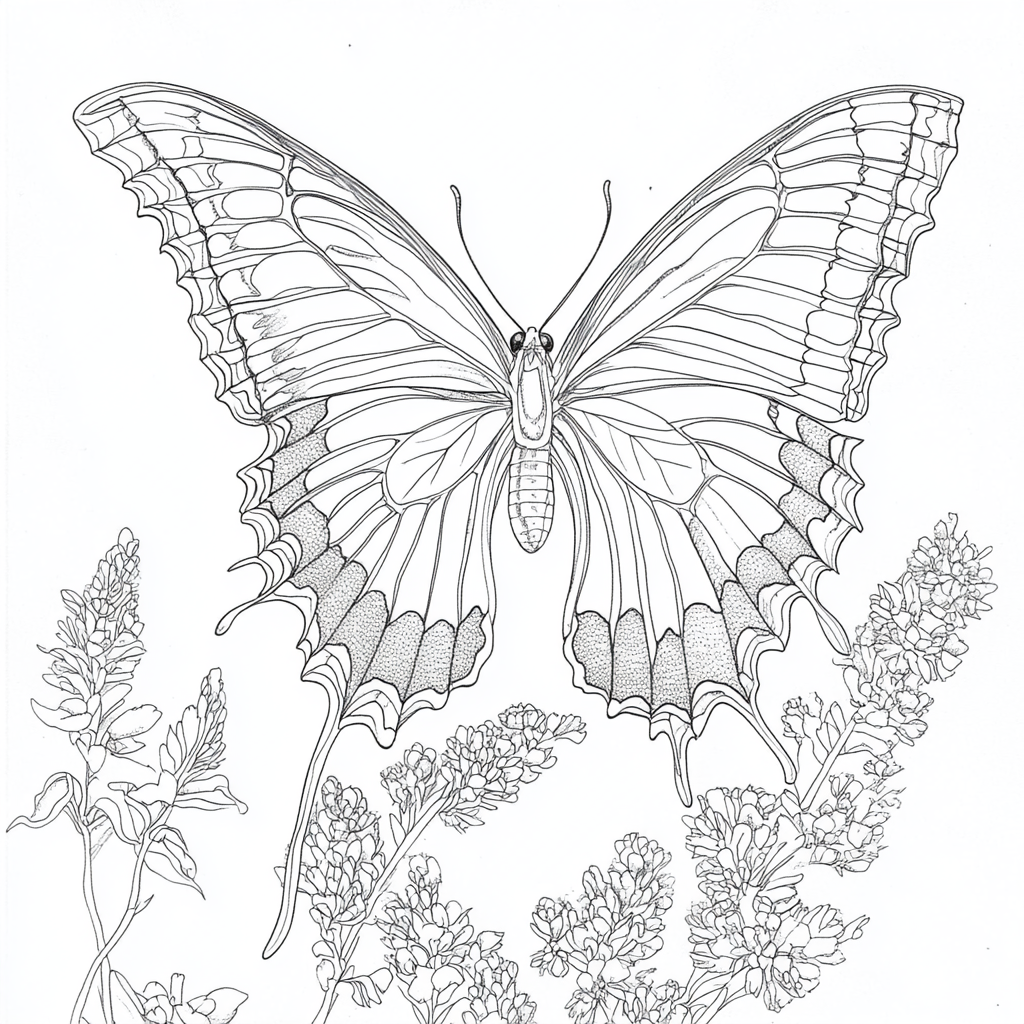 Large scale butterfly coloring page with chitin layers, detailed.