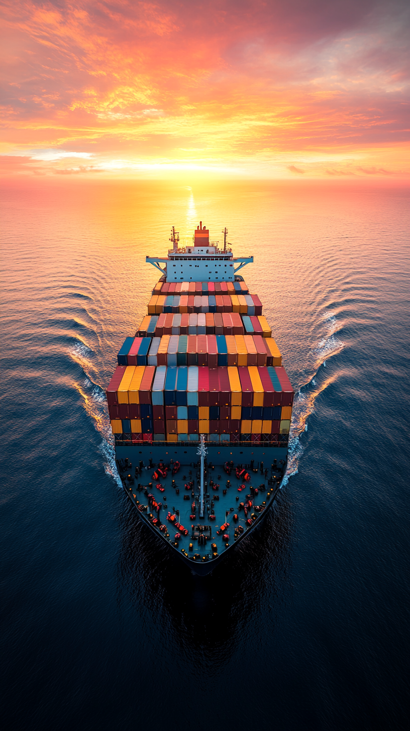 Large ship carrying colorful shipping containers on calm ocean.