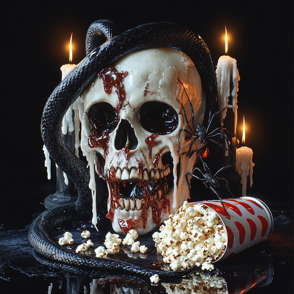 Large skeleton head with black snake, spider, candles, popcorn.