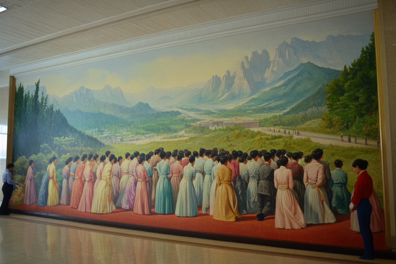 Large socialist realism painting, Korean women, bowing to Kim.