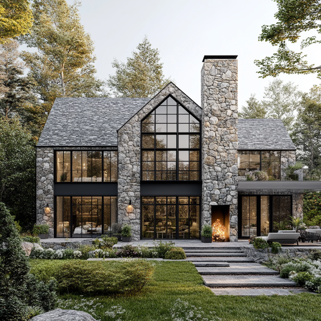 Large stone house with gradient stones, beautiful gardens.