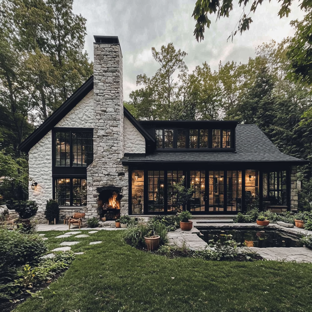 Large stone house with gradient stones, lush gardens, pond.