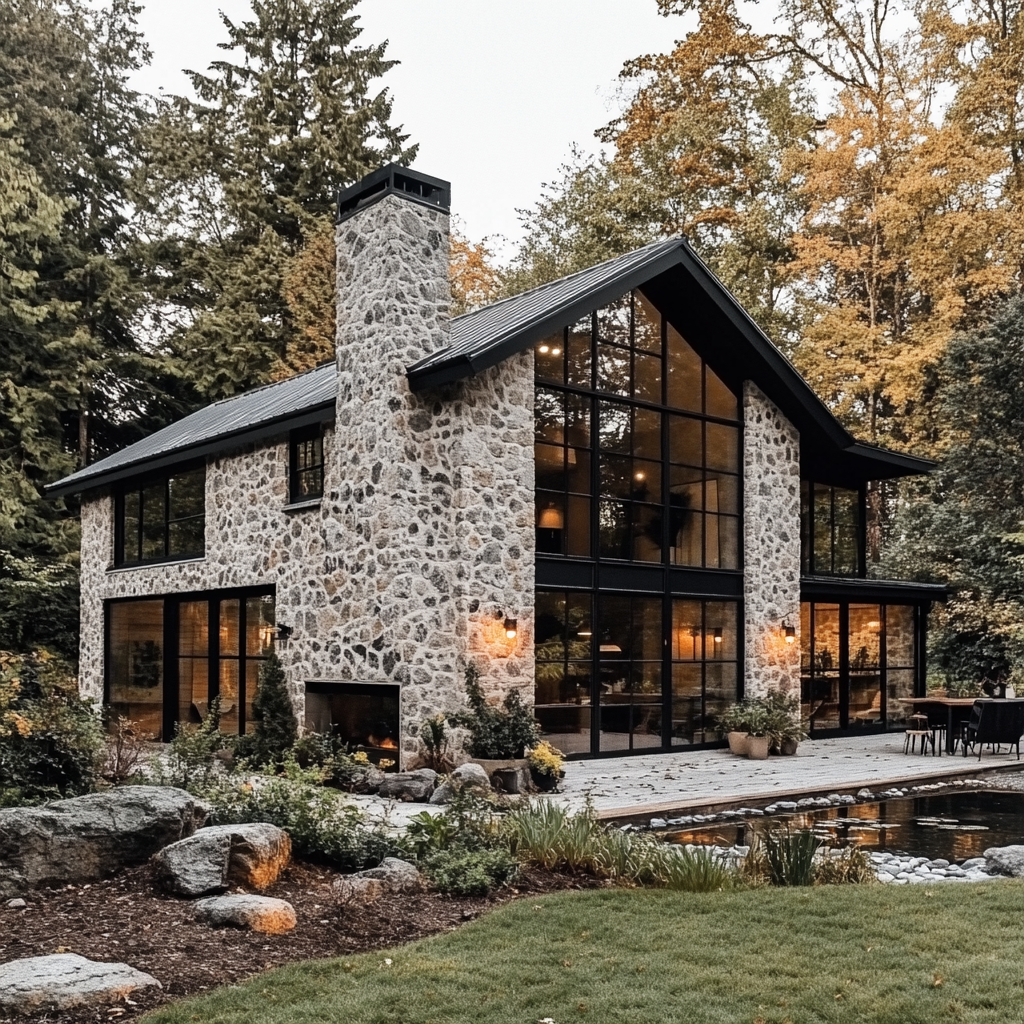 Large stone house with gradient stones, lush yard.