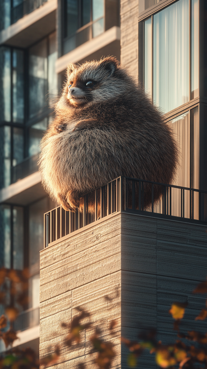 Large tanuki yokai on modern building in urban scene.