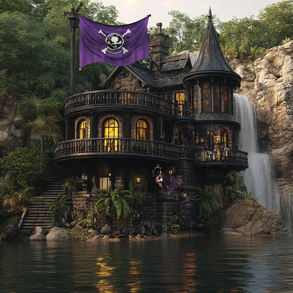 Large ultra HD hyperrealistic pirate house on water.