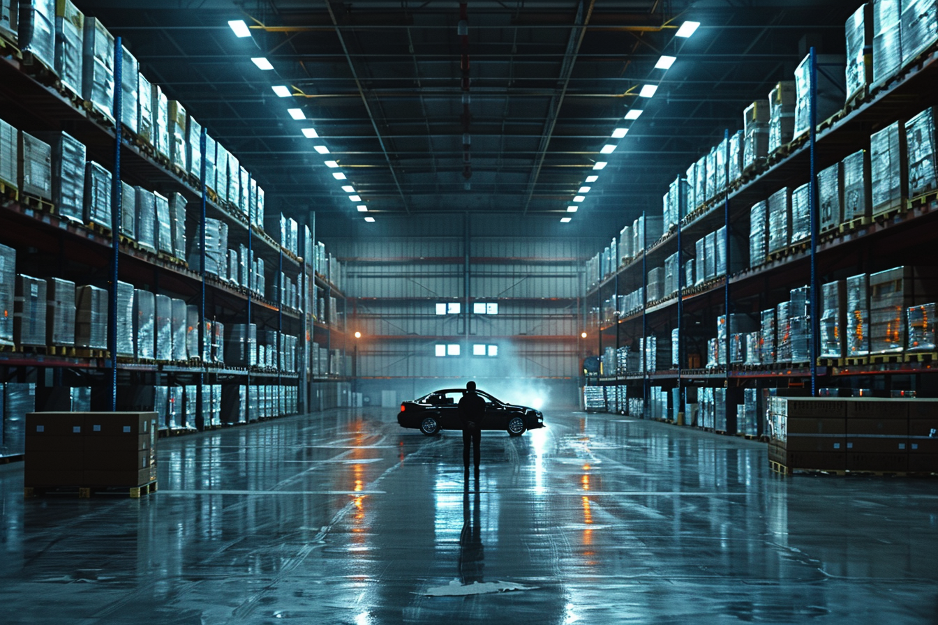 Large warehouse with boxes, car, person, night light.