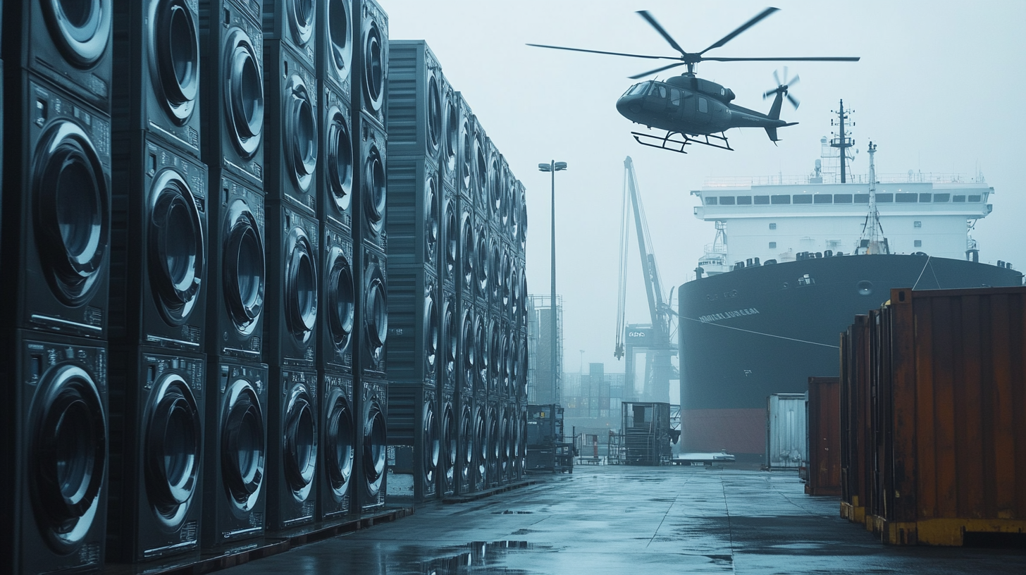 Large washing machines stacked at NY dock.