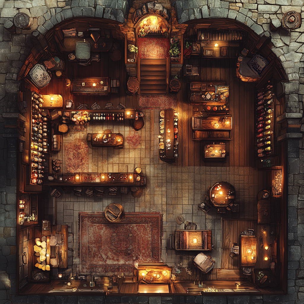 Large waterdeep tavern with stocked bar bottles, fireplace, cellar.