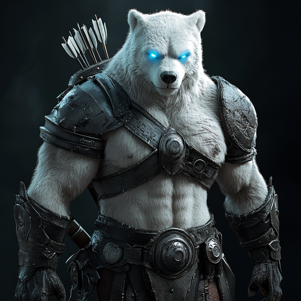 Large werebear in ranger armor with bow, sword, shield