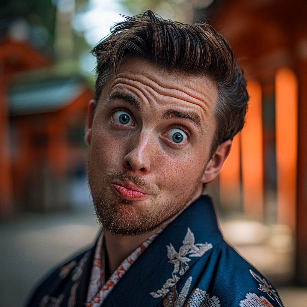 Late groom in kimono looks surprised at camera.