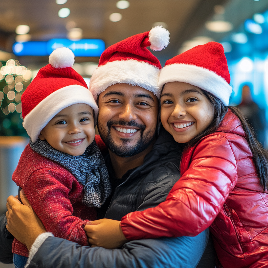 Latin American Family in Christmas Hats at AirportVacation