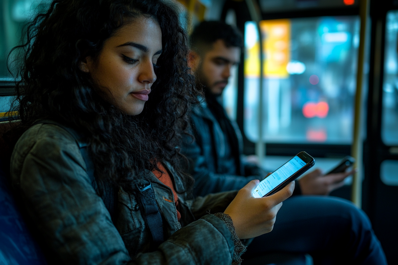 Latin American couple, 25, in metrobus, using smartphone