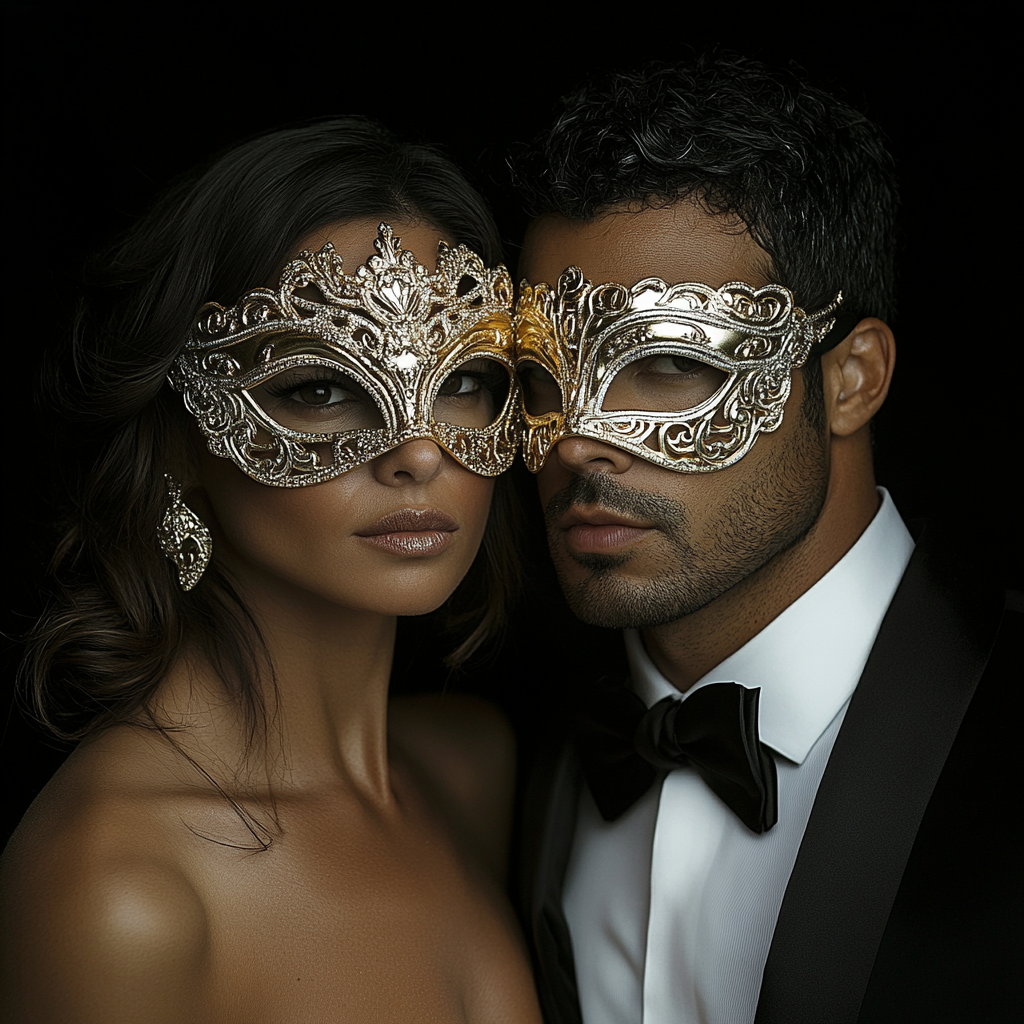 Latin man and woman wearing gold and silver masks.