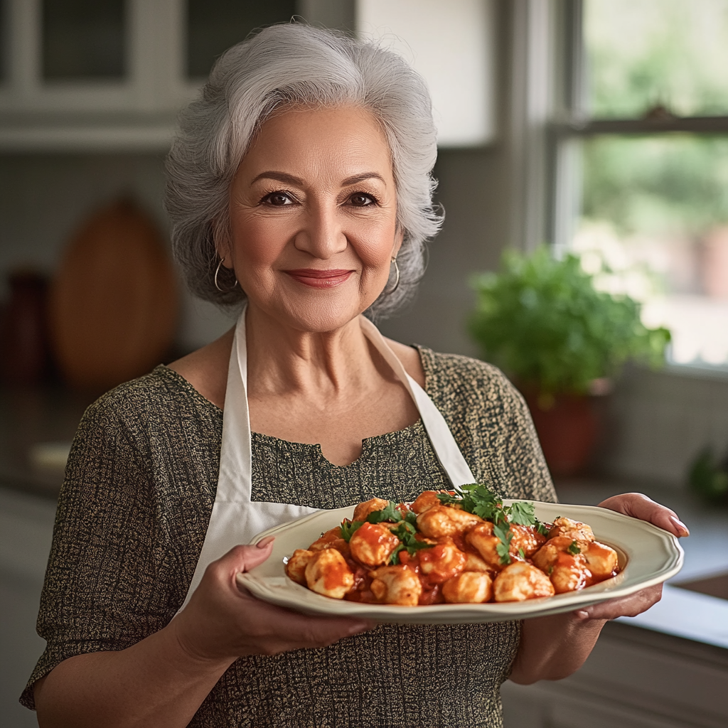 Latin woman showcasing tasty Chicken Escafe dish in kitchen.