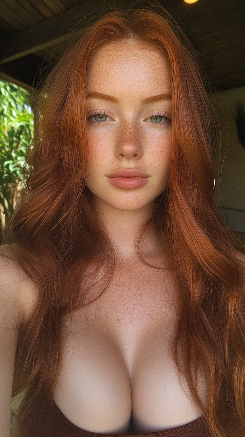 Latin woman with red hair, freckles, and hoop earrings.