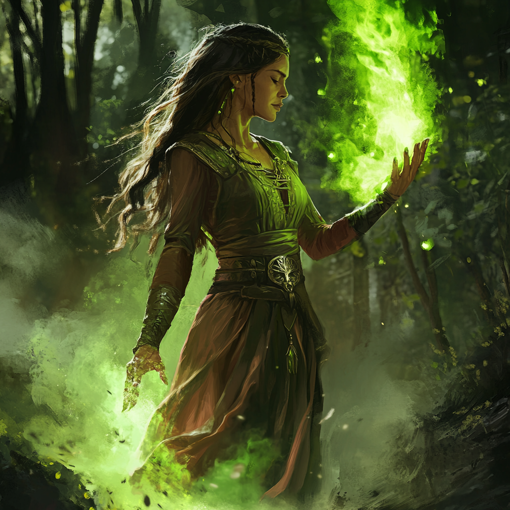 Latina Druid Woman Casting Green Magic Spell Outdoors