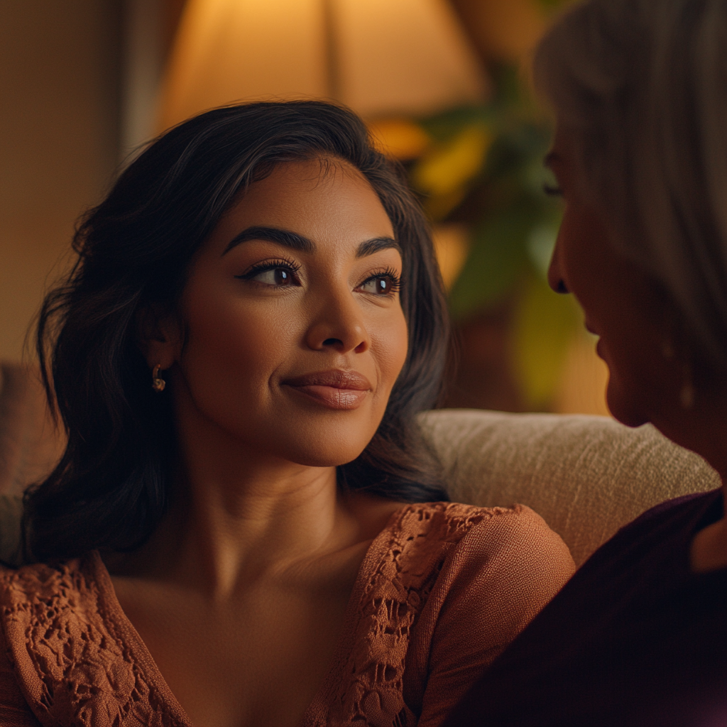 Latina Woman Speaking with Mother in Warm Setting