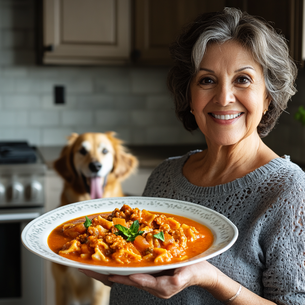 Latina woman holding plate of lasagna soup in kitchen