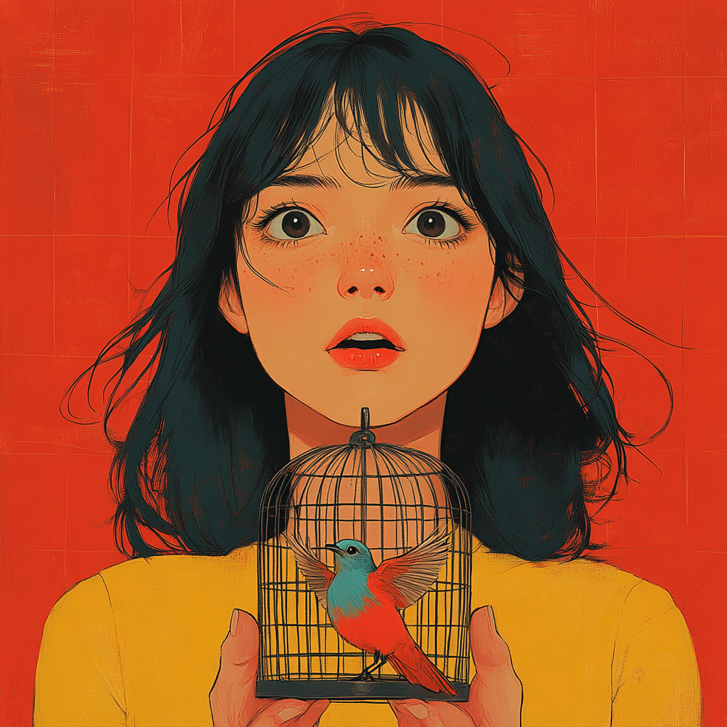 Latina woman holds cage, bird breaking out, minimalist art.