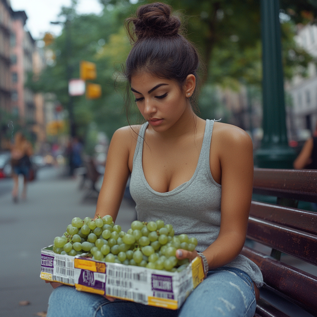 Latina woman in bun hairstyle with grapes on bench.