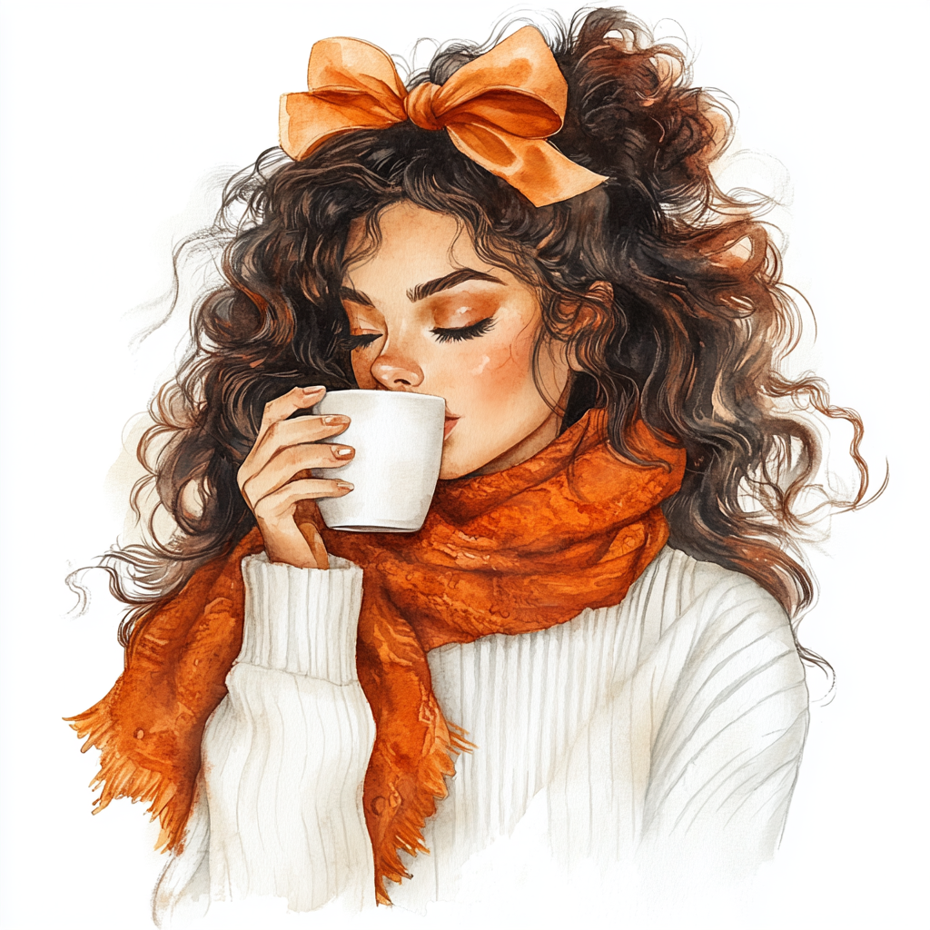 Latina woman in white sweater drinking pumpkin latte.