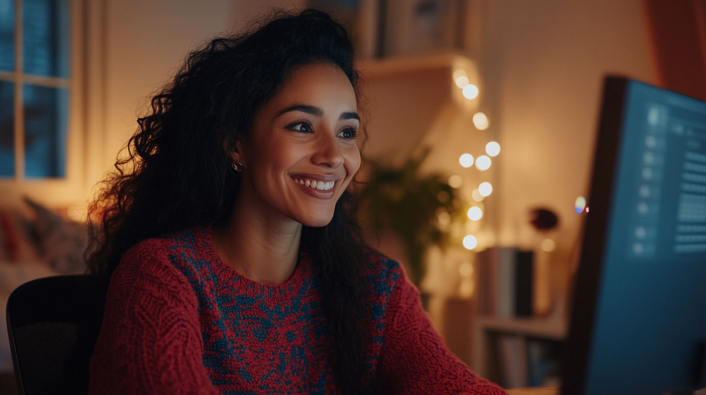 Latina woman smiling at computer in virtual meeting.