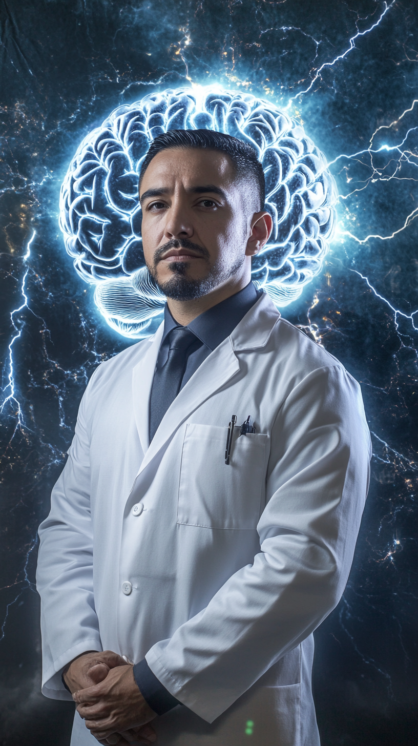 Latino doctor with brain and lightning background