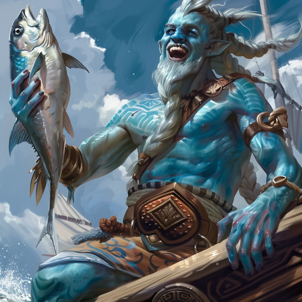 Laughing Air Genasi Fisherman on Small Boat