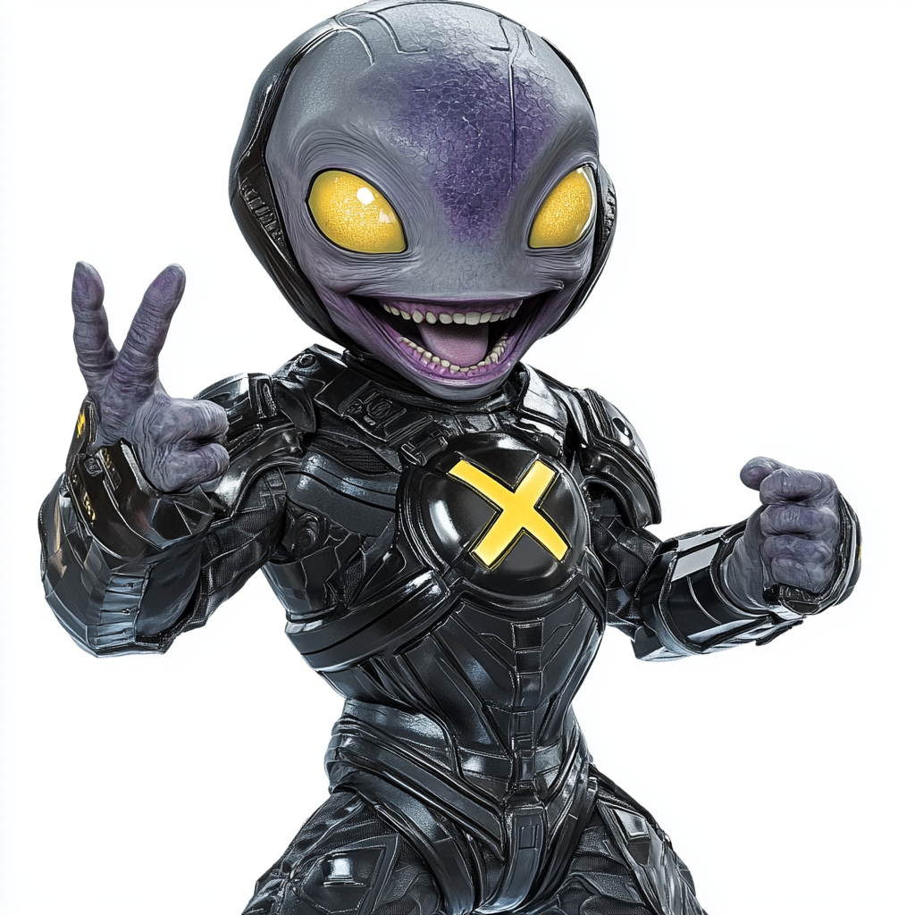 Laughing alien in purple armor with X symbol.