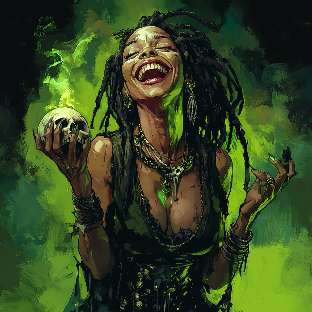 Laughing black voodoo witch in torn dress with skull.