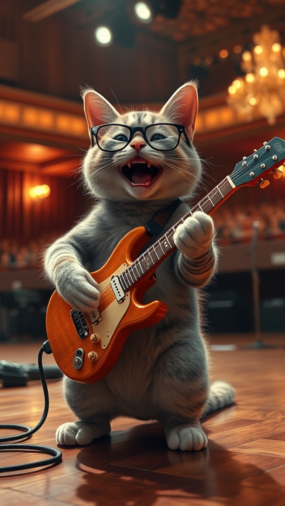 Laughing cat in glasses plays guitar at concert.