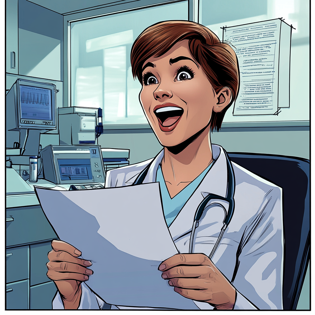 Laughing female doctor in office reading surprising lab results.