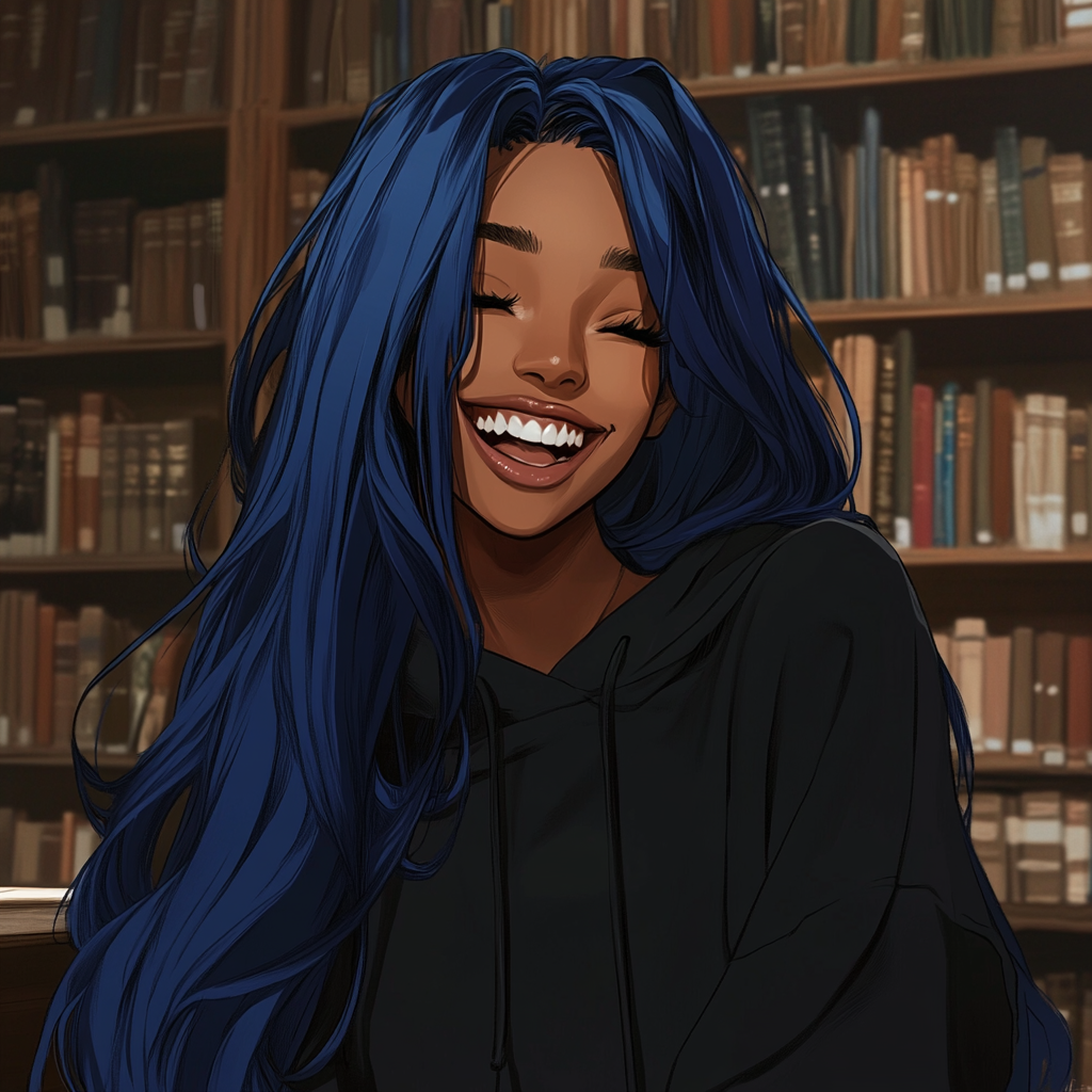 Laughing girl with blue hair in cozy library.