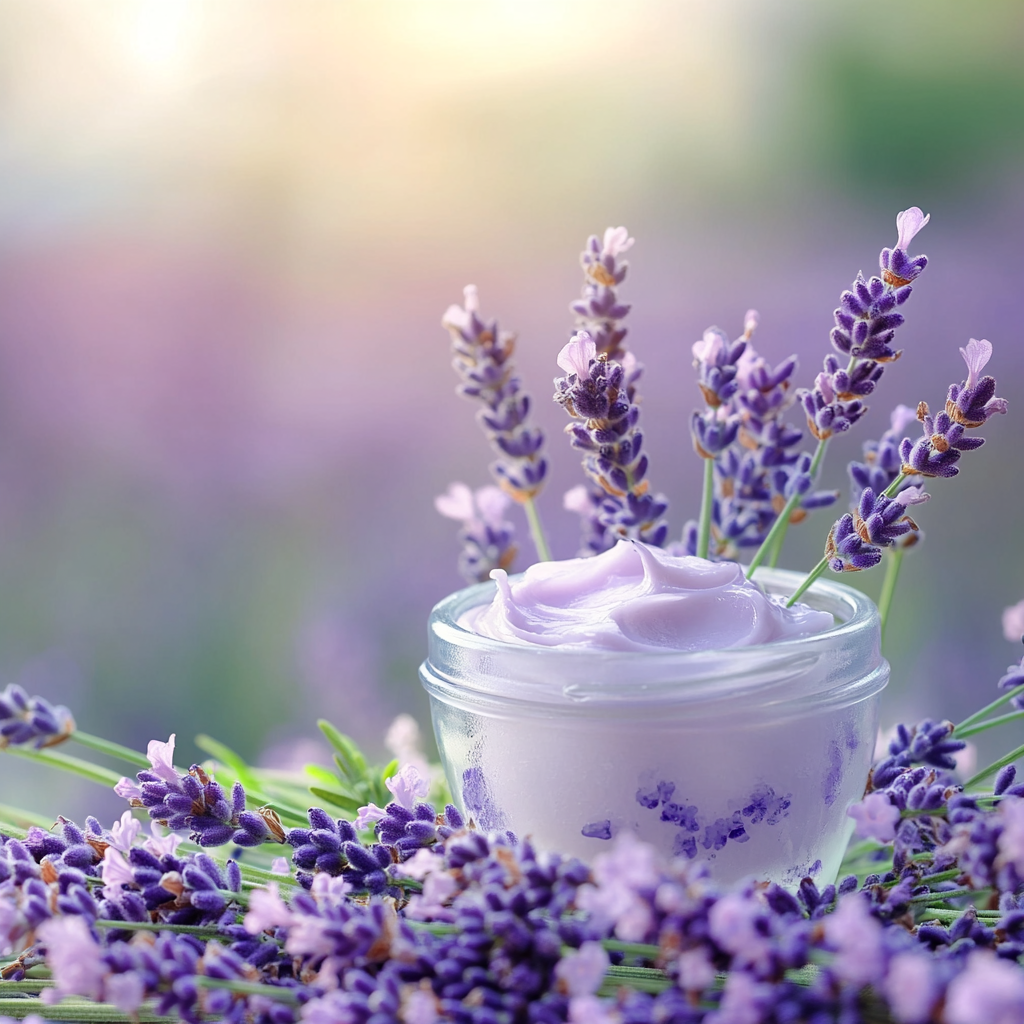 Lavender cream in glass jar with fresh sprigs