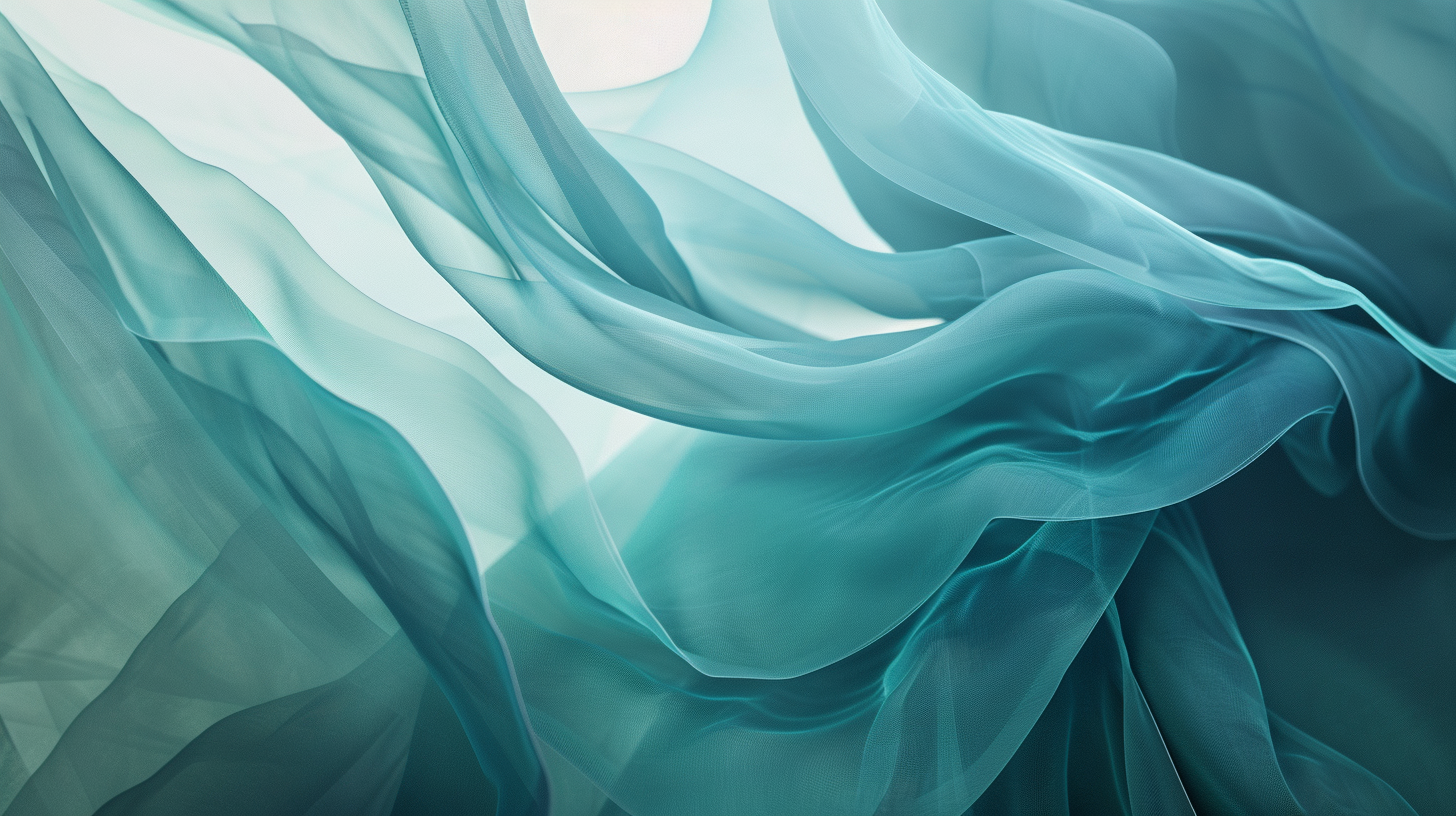 Layered abstract shapes in translucent blues and teal tones.