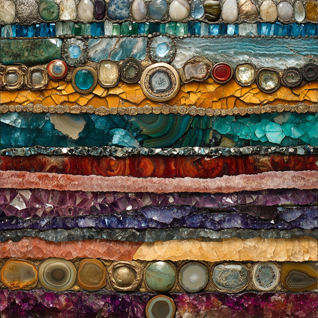 Layers of colorful gems on tall shining wall