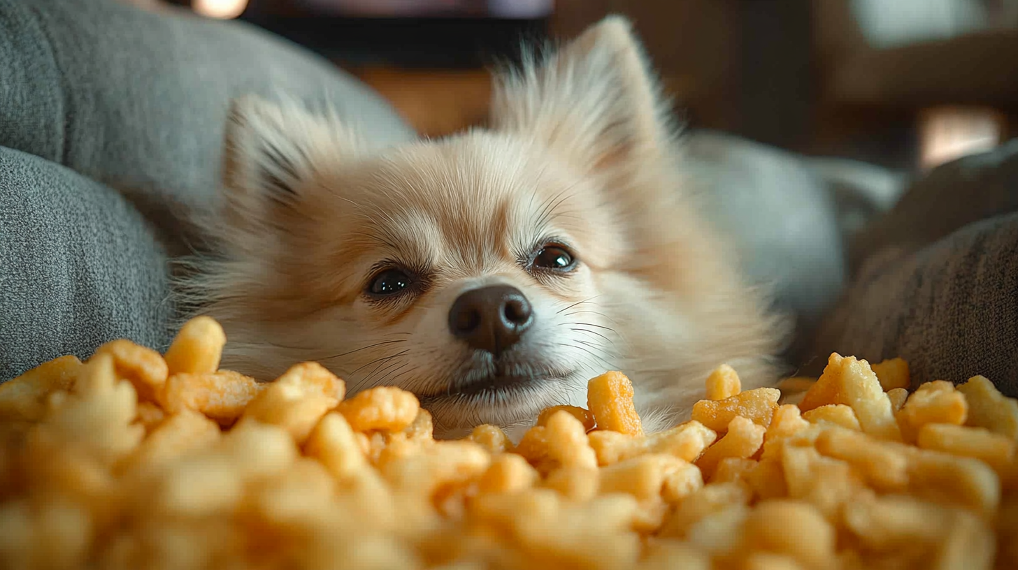 Lazy Pomeranian surrounded by McDonald's fries in cozy room.