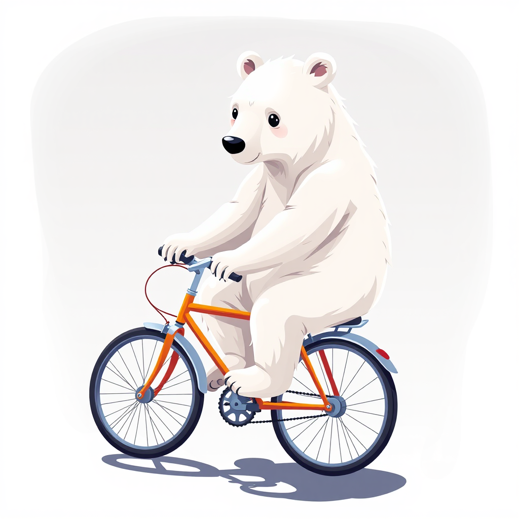 Lazy white bear rides bike with 4 colors.