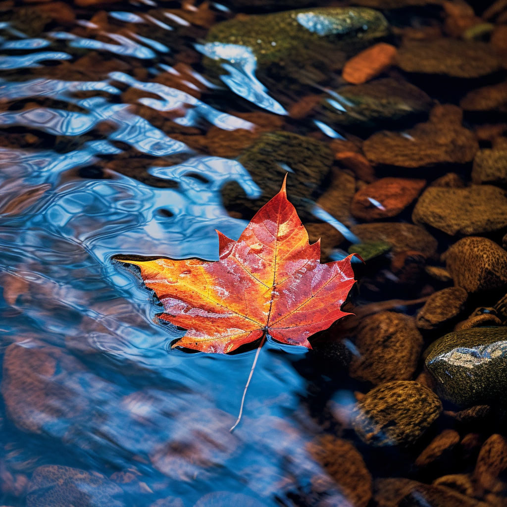 Leaf on colored stream with rock bed in forest.