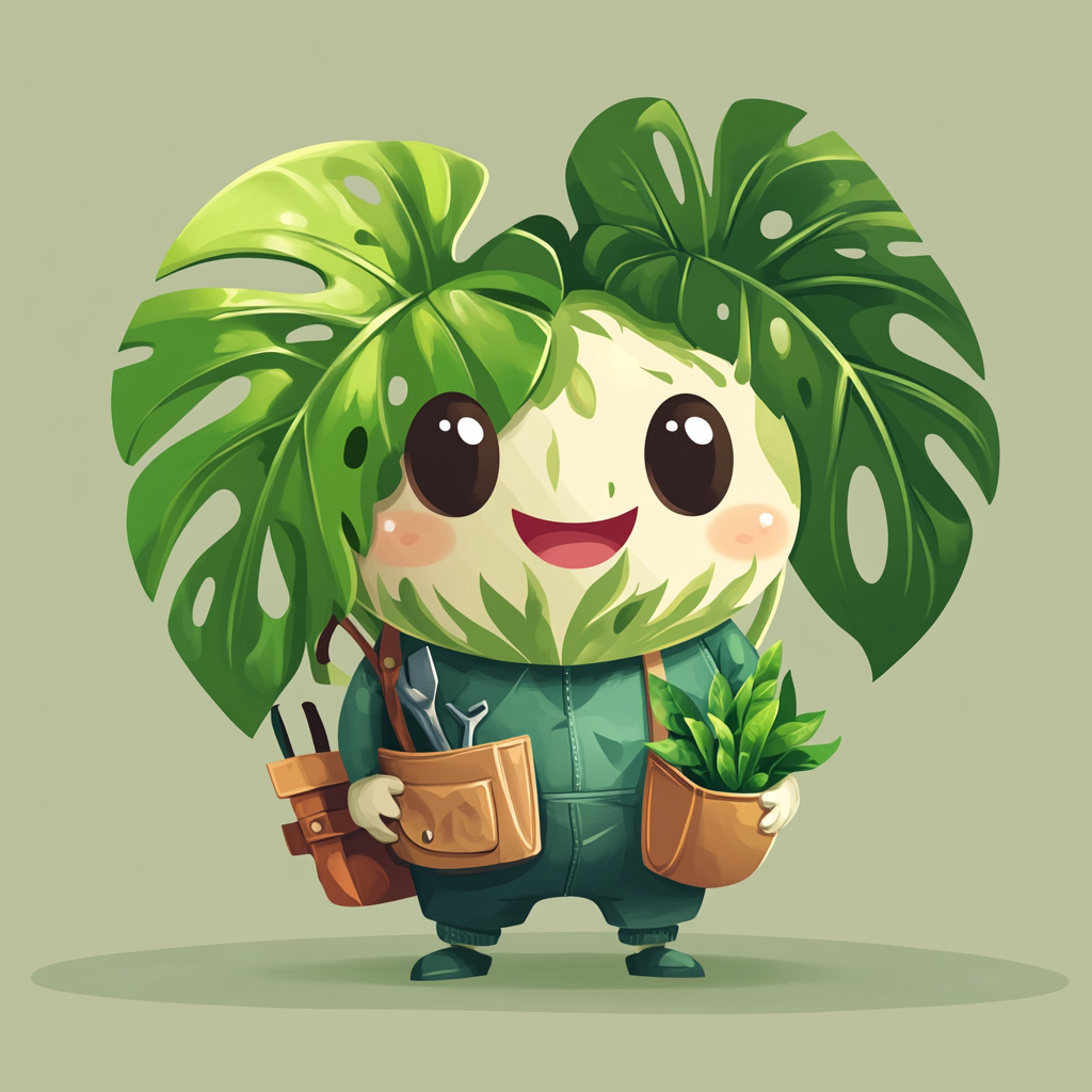 Leafy the Plant Whisperer, Monstera leaf mascot logo.