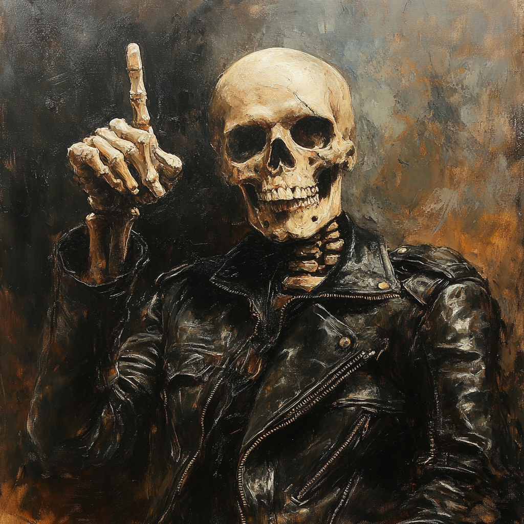 Leather-clad skeleton rebels with defiant backward gesture.