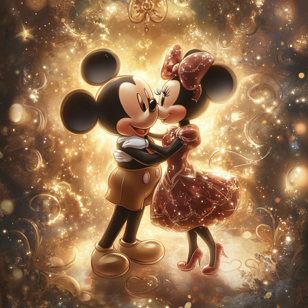 Legendary card with Mickey and Minnie embracing romantically.