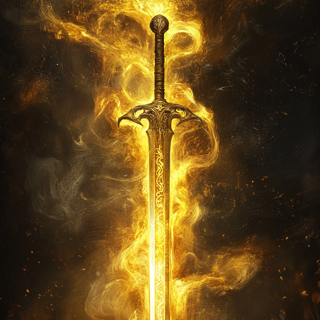 Legendary magical golden sword with golden runes and mist.