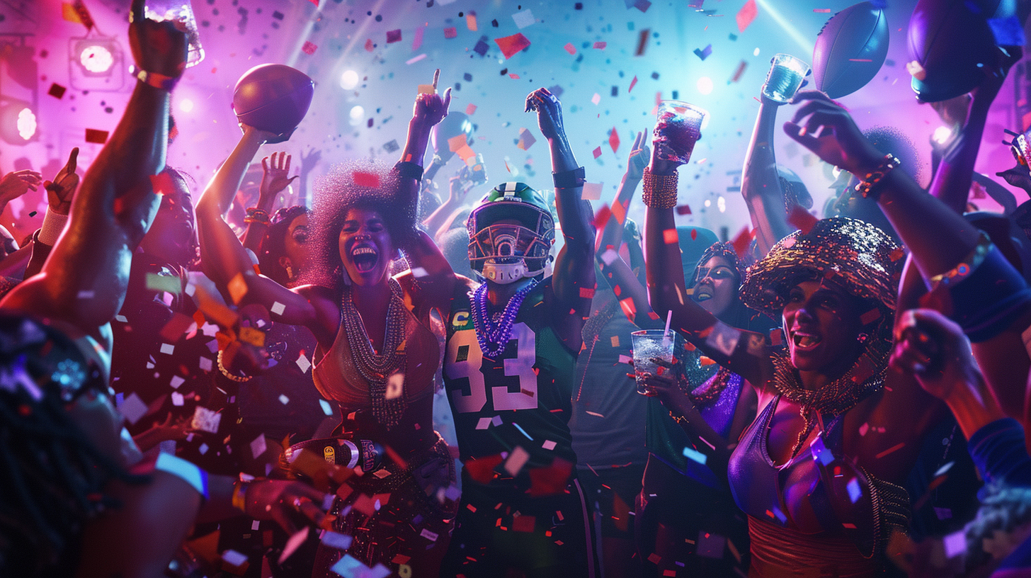 Legendary nightclub scene with NFL players, gymnasts, politicians celebrating. Neon lights, confetti, victory poses, drinks raised.