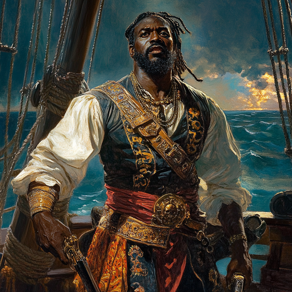 Legendary pirate Black Caesar standing on pirate ship, wielding weapons.