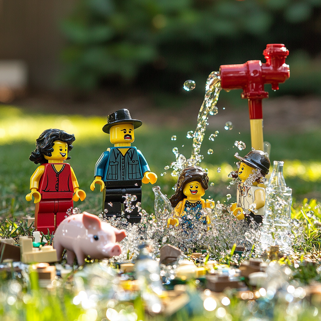 Lego family with glass soda bottles, diamond rings splashing.