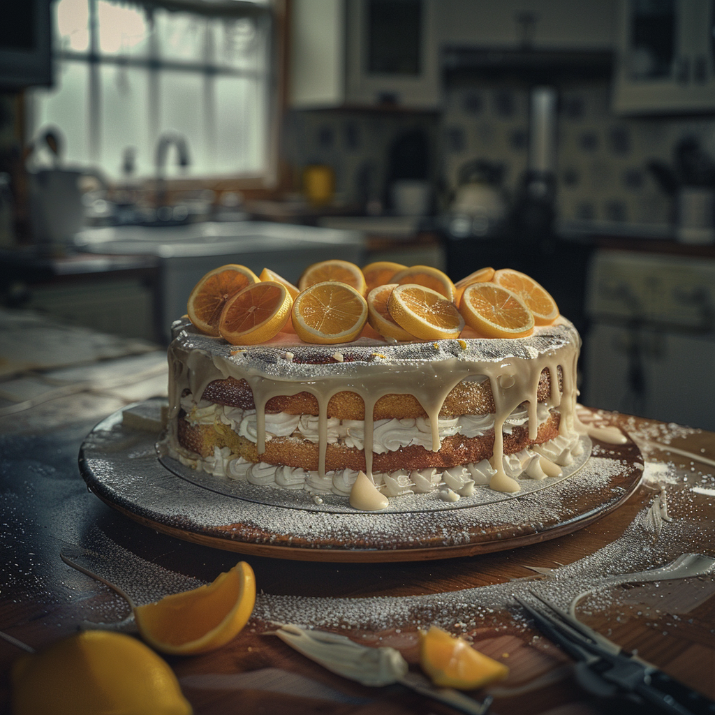 Lemon cake on table with tiny car tire toppings.